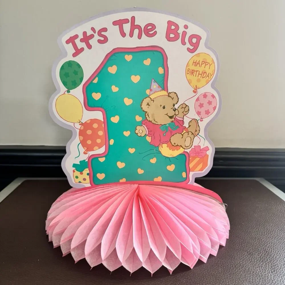 Vtg 1st Birthday Baby Banner And Honeycomb Table Centerpiece Bears